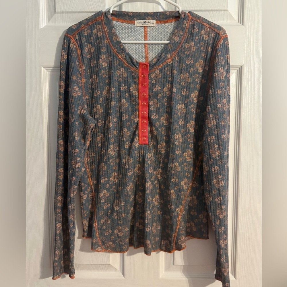Natural Life Floral Ribbed Long Sleeve Top Boho Button Detail Size XL